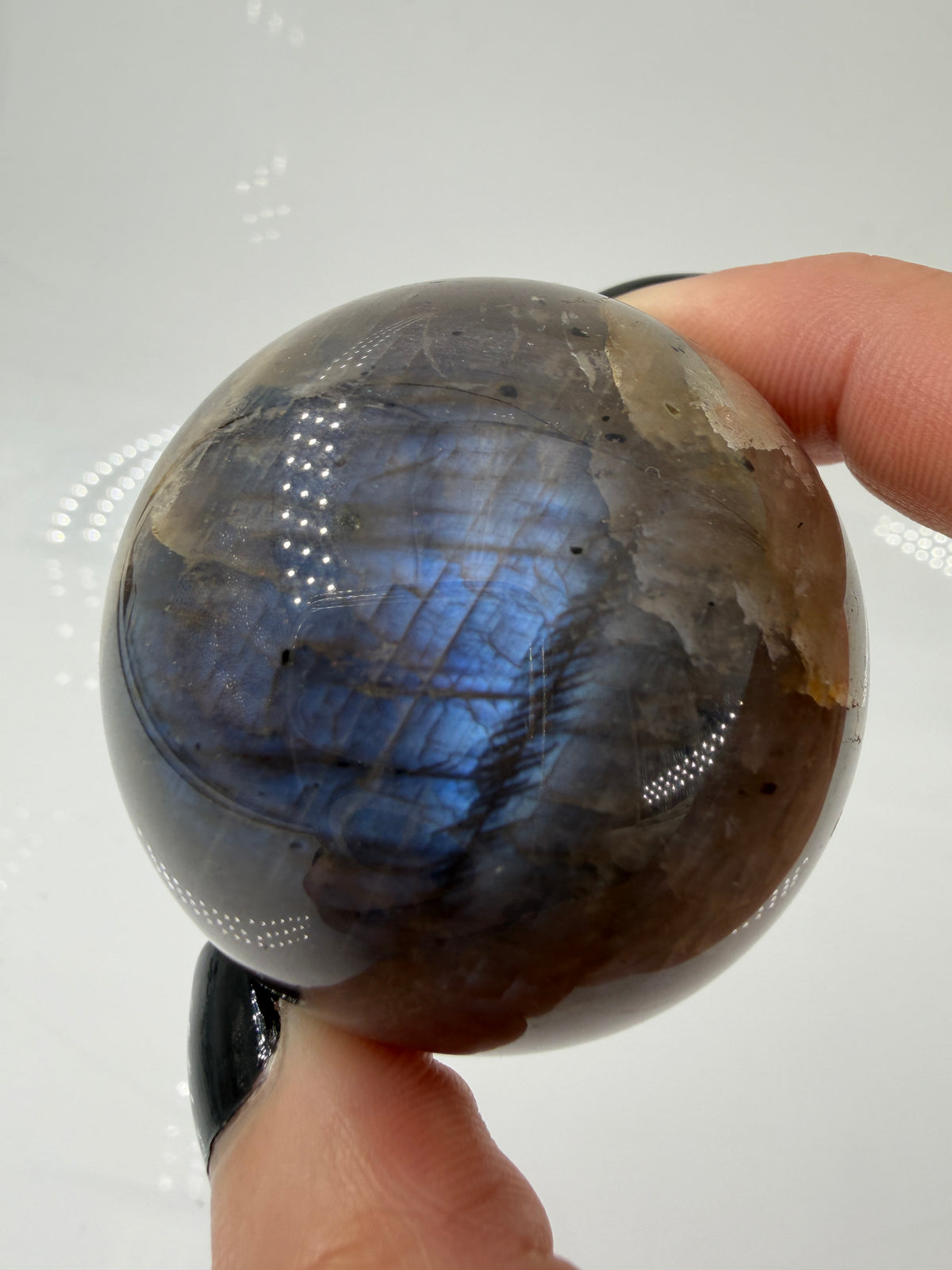 Sphärisch geschliffene dunkle Mondstein Kugel mit ausgeprägtem blauen Flächenschiller (Adulareszenz) auf anthrazitfarbener Feldspat-Matrix, professionelle Sammlerqualität