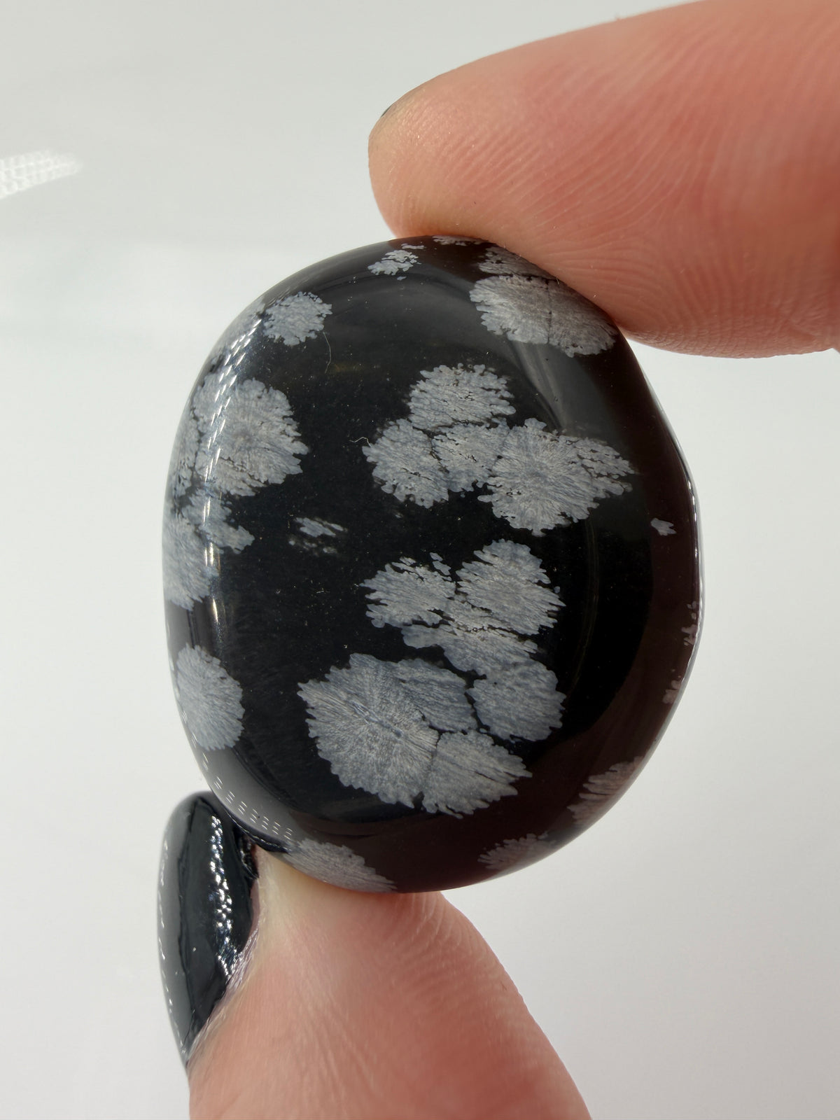 Flacher Scheibenstein aus Schneeflocken-Obsidian mit markanten weißen Cristobalit-Flocken auf schwarzer Glasmatrix.