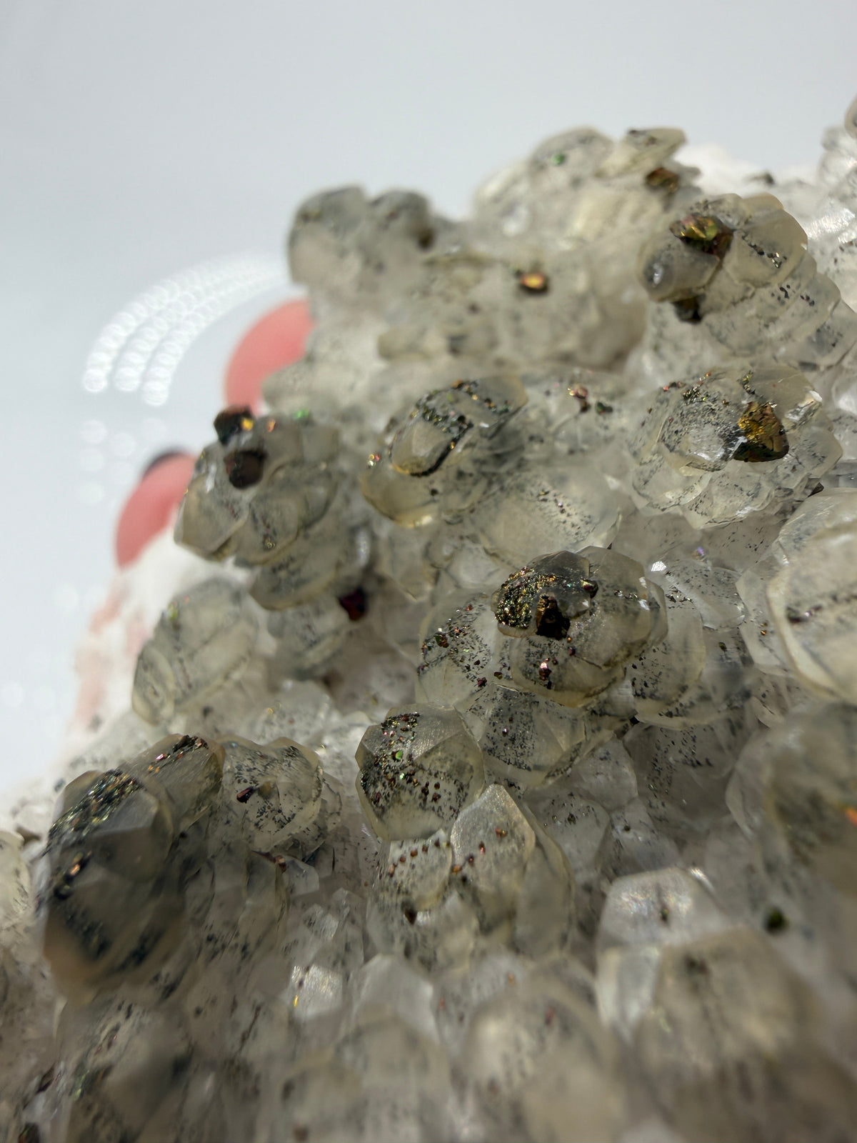 Weißer Calcit mit goldglänzenden Pyrit-Kristallen auf Gesteinsmatrix aus Herdringen, Sauerland.