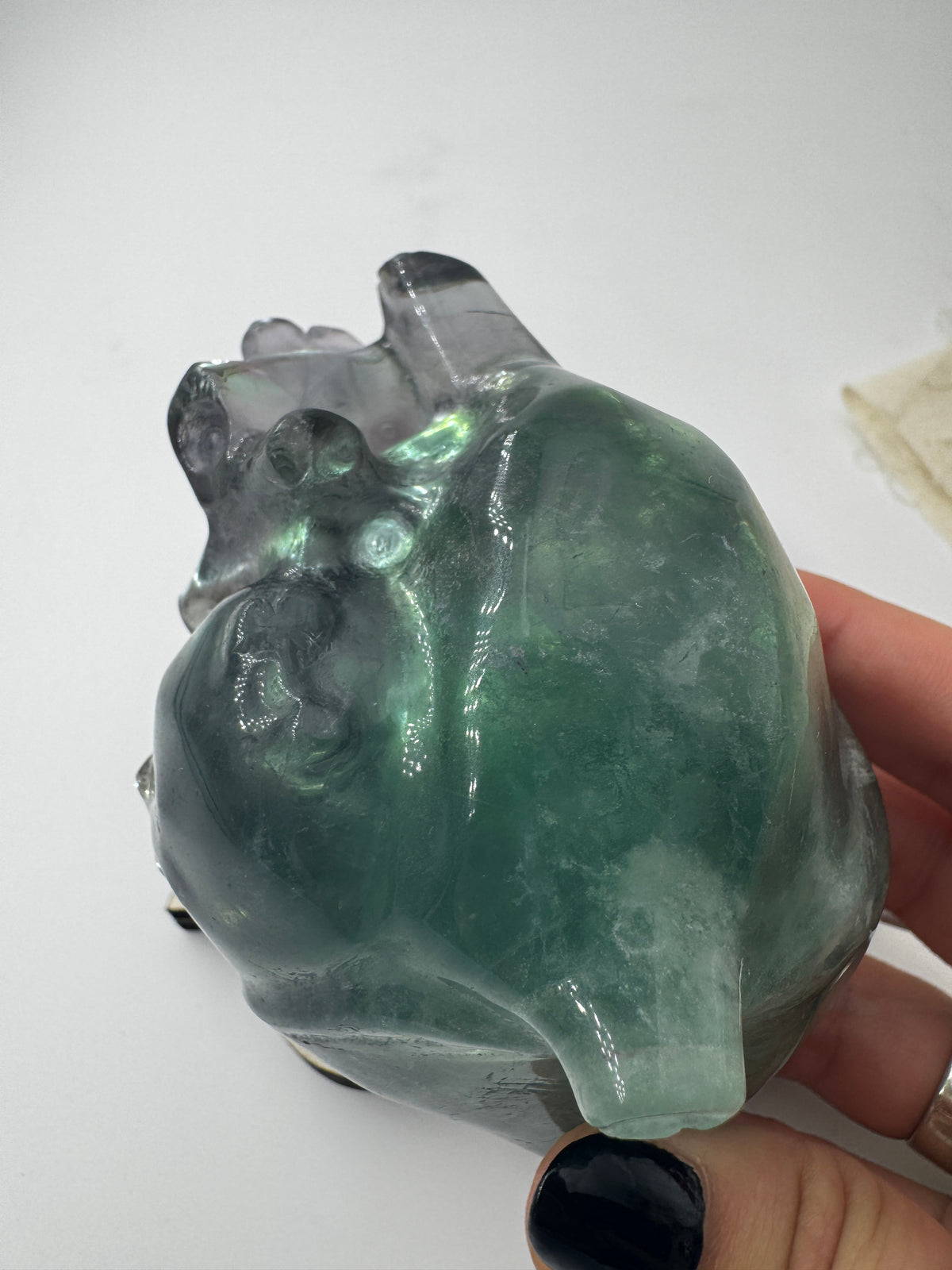 Ein anatomisch geformtes Herz aus Fluorit mit charakteristischen violett-grünen Farbbändern und einer hochglanzpolierten Oberfläche.