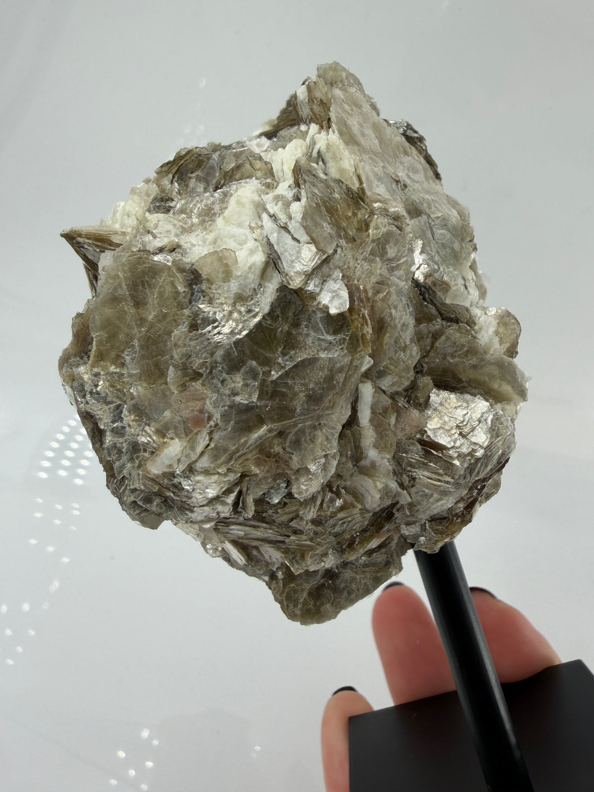 Silbrig glänzender Muskovit-Glimmer auf einem schwarzen Metallständer zur dekorativen Präsentation.