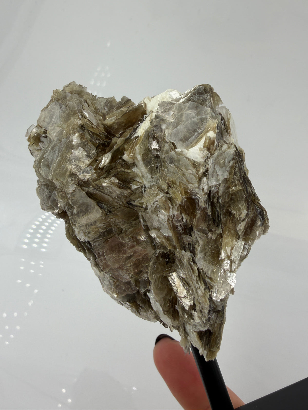 Silbrig glänzender Muskovit-Glimmer auf einem schwarzen Metallständer zur dekorativen Präsentation.
