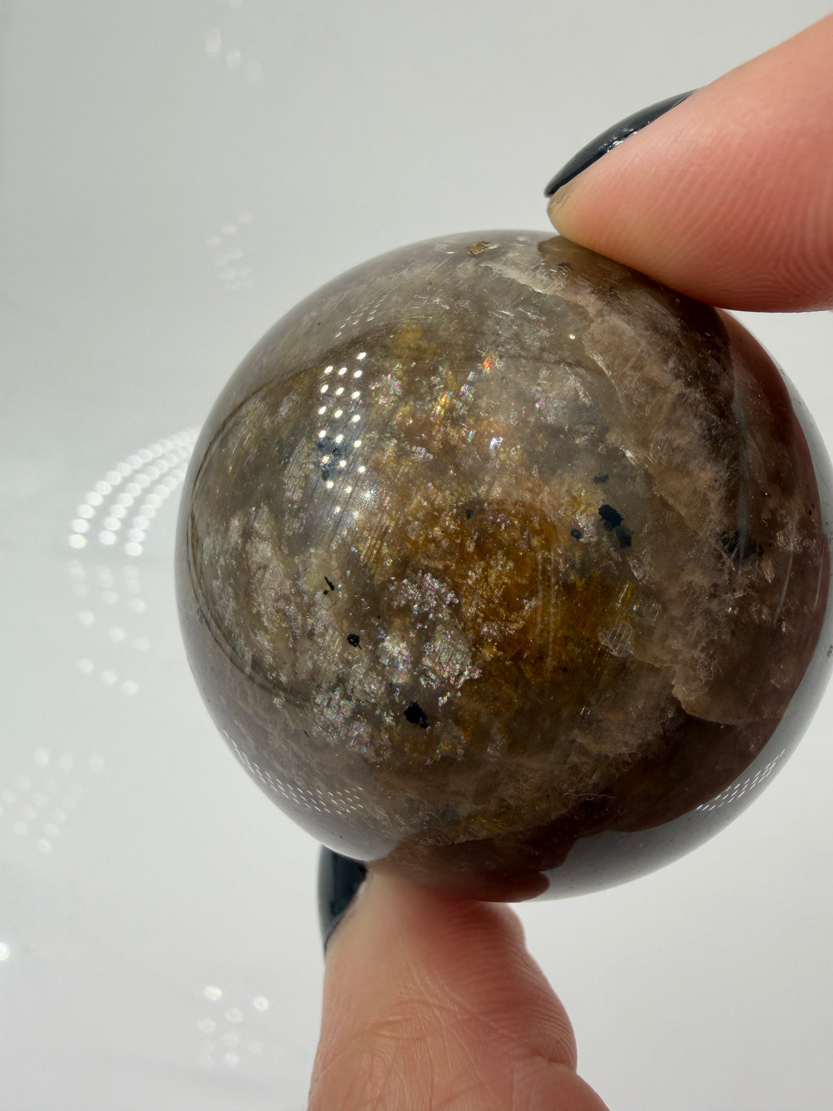 Sphärisch geschliffene dunkle Mondstein Kugel mit ausgeprägtem blauen Flächenschiller (Adulareszenz) auf anthrazitfarbener Feldspat-Matrix, professionelle Sammlerqualität                       