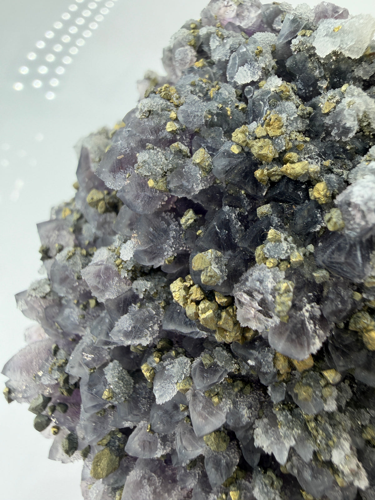 Amethyst-Druse mit aufgewachsenem Pyrit und Quarz, trimineralische Paragenese aus der Davidkovo Mine in Bulgarien.