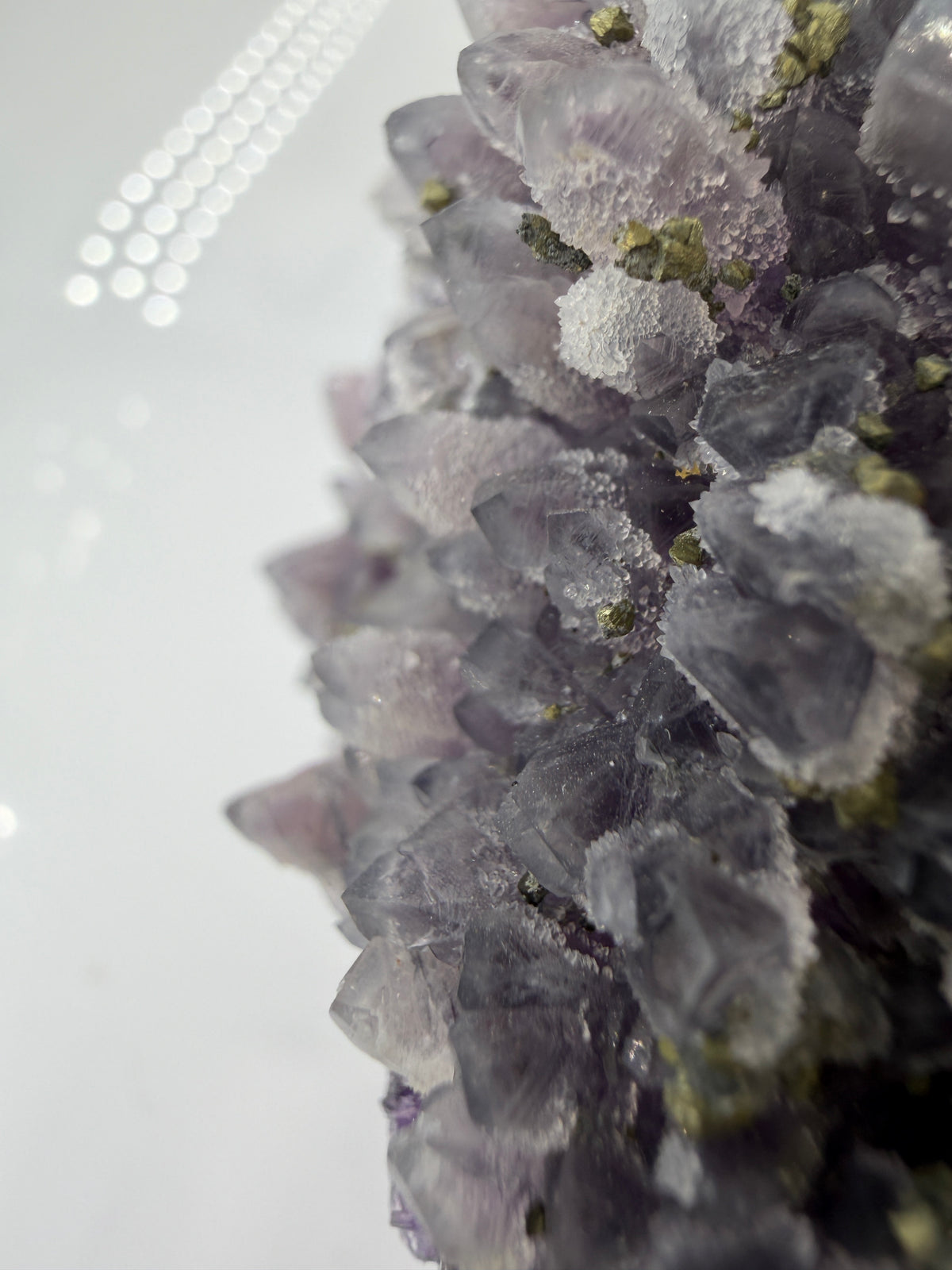 Amethyst-Druse mit aufgewachsenem Pyrit und Quarz, trimineralische Paragenese aus der Davidkovo Mine in Bulgarien.