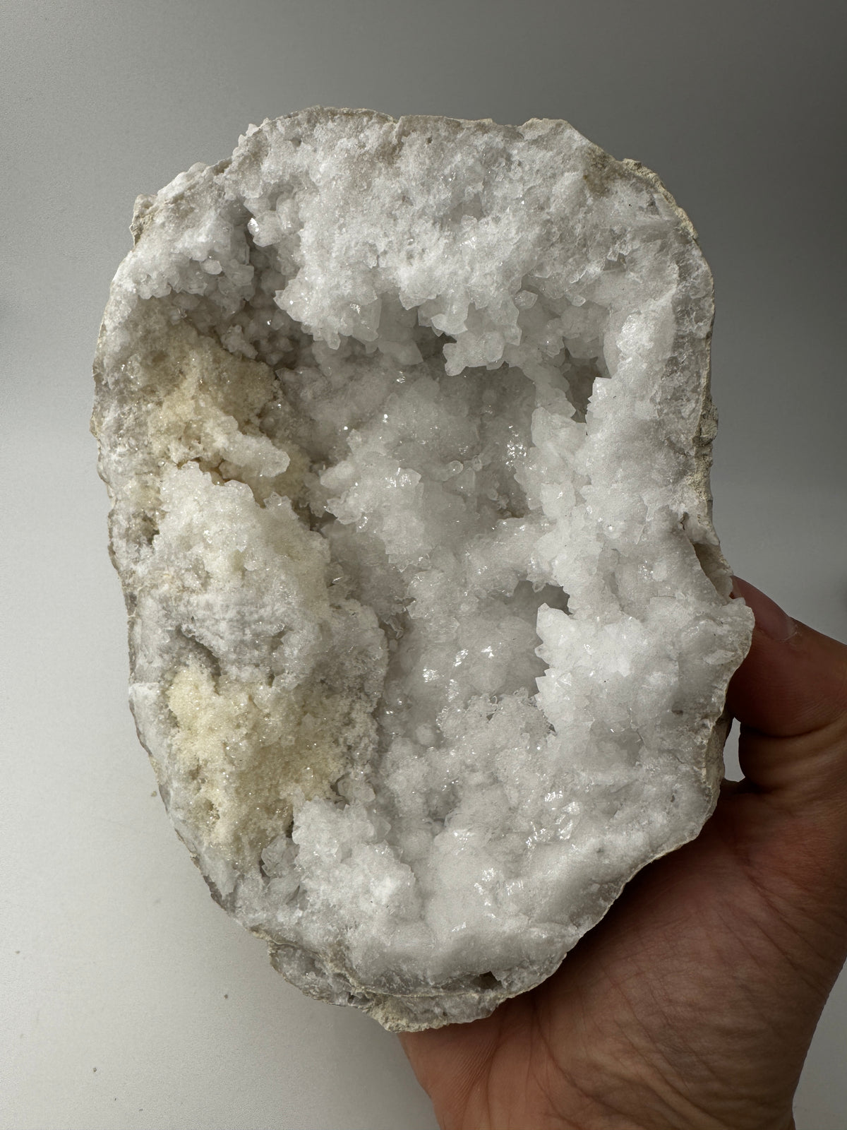 Quarzgeode QG29, 16×11 cm – natürliche Druse mit funkelnden Bergkristallen im charakteristischen Glasglanz, geologisches Einzelstück für Mineraliensammler.