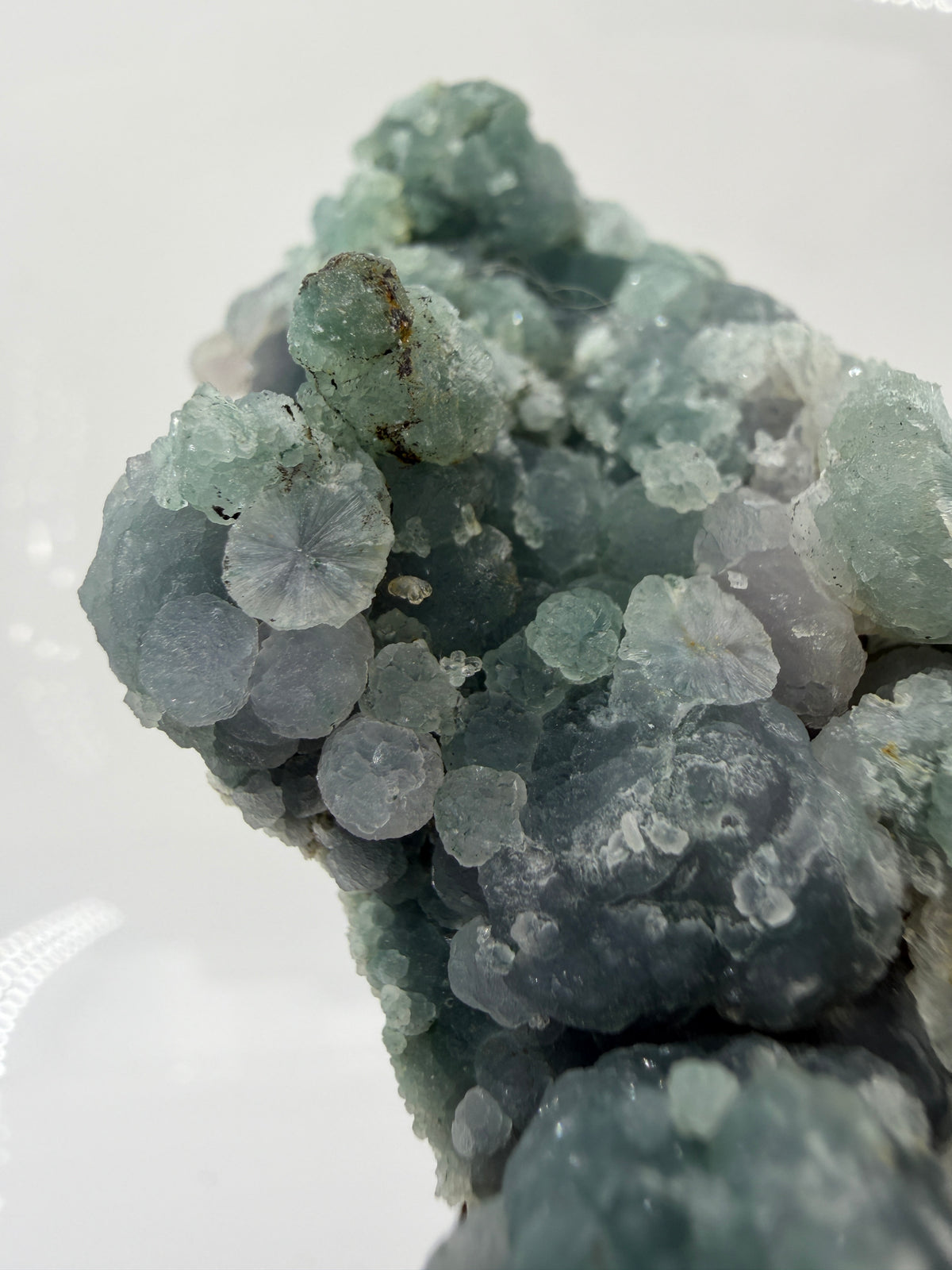 Nahaufnahme der traubenförmigen Struktur von grünem Chalcedon, zeigt den glitzernden Drusy-Quarz-Überzug auf den Sphären.